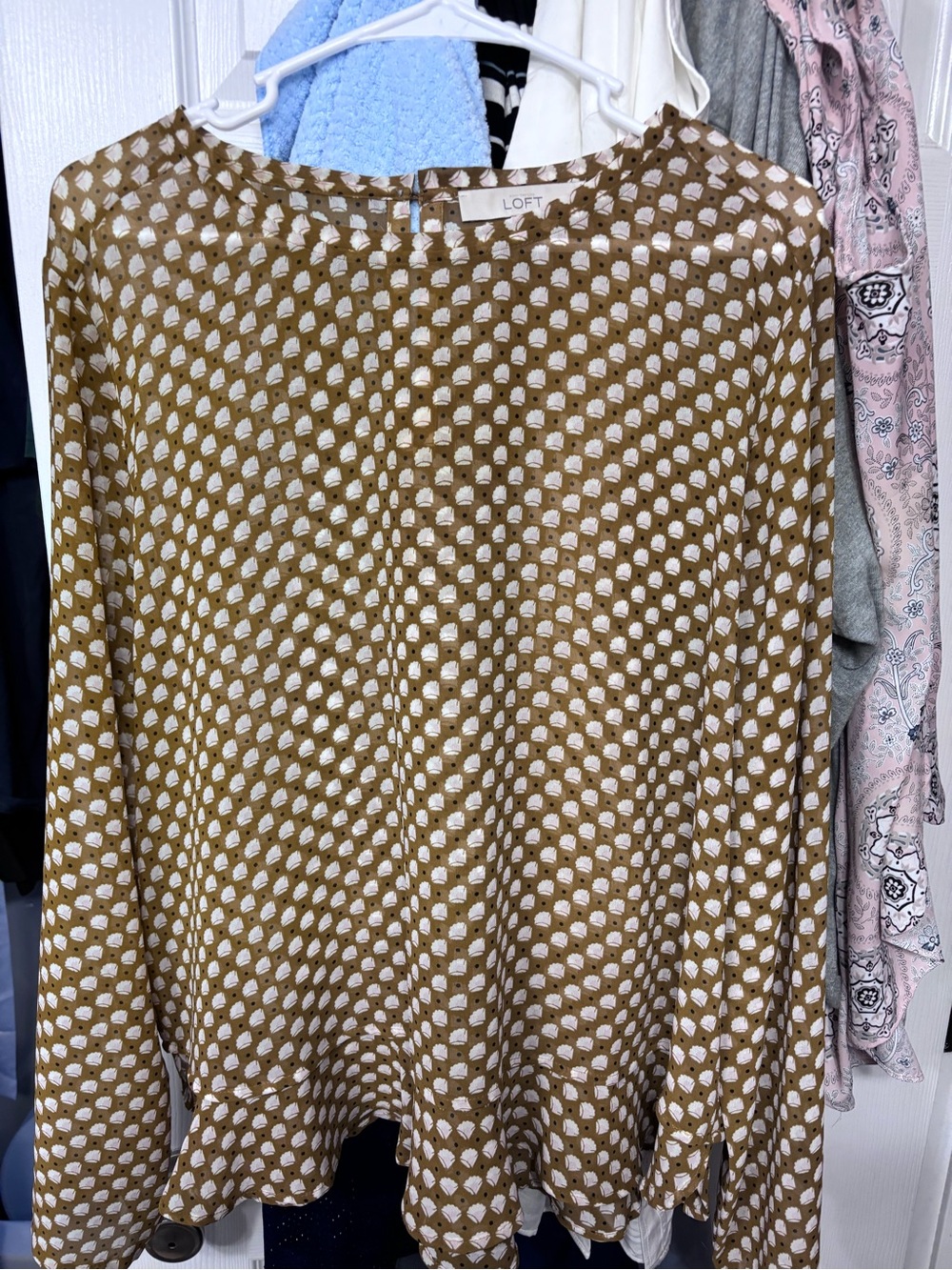 LOFT Brown & Ivory Printed Long Sleeve Top with Black Dot Accents